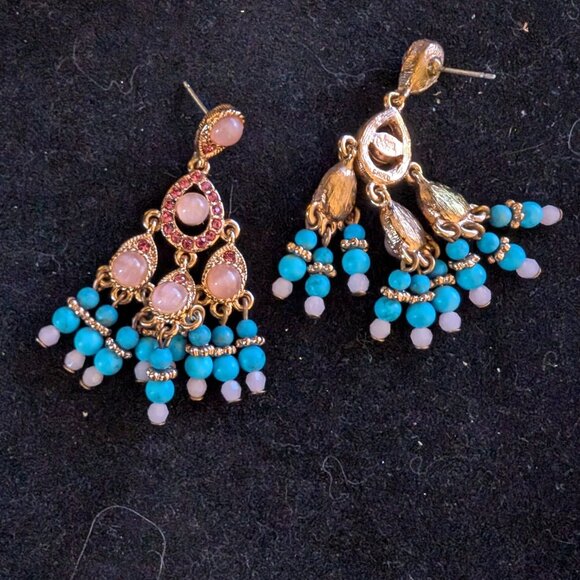 RARE FIND VINTAGE JOAN RIVERS ROSE GOLD CHANDELIER TEARDROP PINK TEAL #18 - Picture 1 of 2